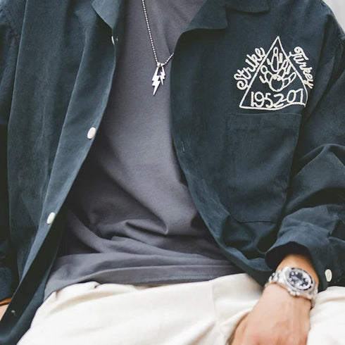 Premium Men's Retro Long Sleeve Shirt – Solid Color Loose Fit with Lapel, Pocket & Embroidery